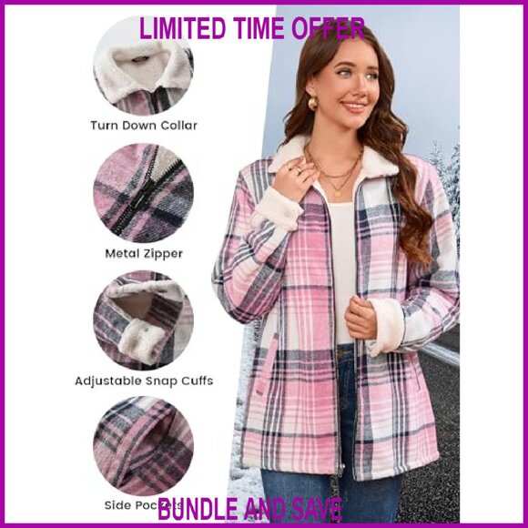 Women's Sherpa Lined Fleece Jacket Full Zip Plaid Flannel Casual - Picture 6 of 8